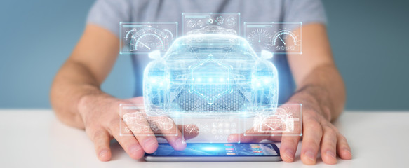 Businessman using modern smart car interface 3D rendering