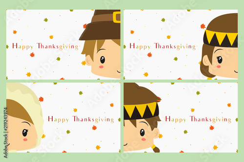 happy thanksgiving celebration cards vector design cute pilgrim and