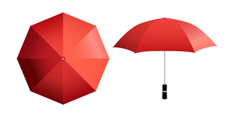 Red umbrella vector illustration. Top and side view of open parasol isolated on white (any) background