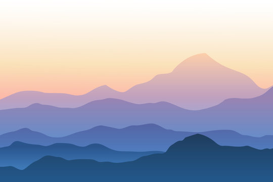 Realistic mountain landscape vector illustration. Silhouettes of mountains against sunset sky