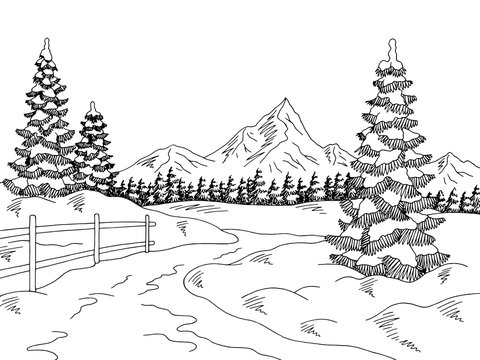 Winter Road Graphic Black White Sketch Landscape Illustration Vector