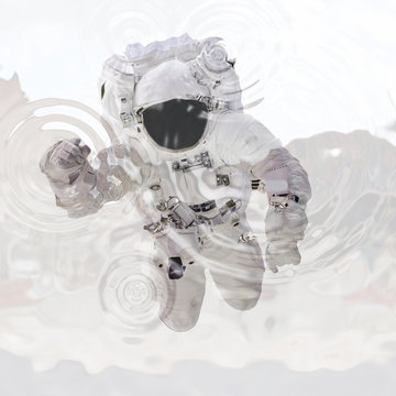 Astronaut in spacesuit close up. Spaceman in outer space. Virtual reality. 3d illustration. Mixed media