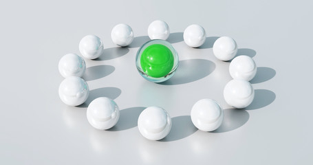 Concept for a team meeting. A green ball in the middle of the circle symbolizes the speaker or leader.