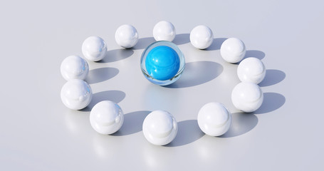 Concept for a meeting or teamwork. Blue ball is the focus. White balls stand in a circle and symbolize the team.