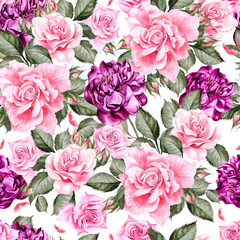 Watercolor pattern with peony flowers and roses . 