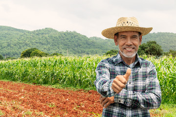 Portrait happy mature older man is smiling. Old senior farmer with white beard thumb up feeling...