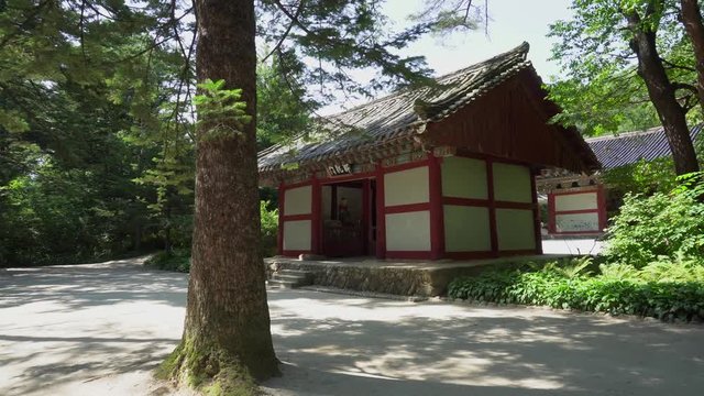 Pyongyang, North Korea - Meohan Mountains. A walk through the Buddhist temple of Bohyong