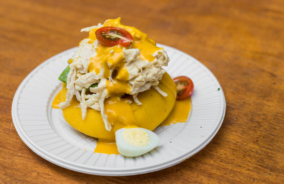 Causa limena chicken dish traditional in Peruvian cuisine and Latin American food at a street food market