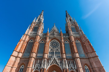 Wide angle photo of Cathedral of La Plata, Argentina. Gothic Revival architecture