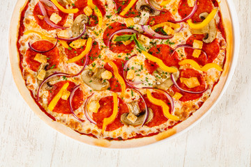 Pizza with salami and mushrooms