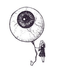 The girl with the eyeball in a form of the balloon. Ink drawing. Graphic scary illustration. Can be printed on a t-shirt, postcards, tattoo, books images, etc. - 219249936