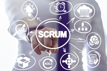 Businessman clicks a scrum word button on a virtual panel. Scrum Development Process Business concept. Scheme of Agile Methodology. - obrazy, fototapety, plakaty