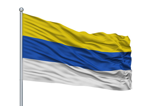 Peumo City Flag On Flagpole, Country Chile, Isolated On White Background