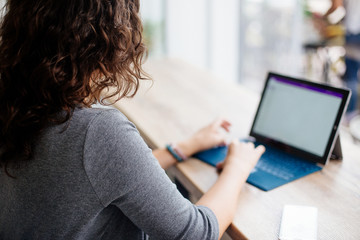 Girl with a laptop in a cafe.