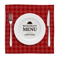Realistic restaurant menu. Template menu with illustrations of tableware and cutlery knife and fork