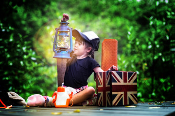 a little girl holding old lamp light sitting on the wooden bridge in the rainforest jungle, step out of the darkness of experience life learning, kids field trip learning