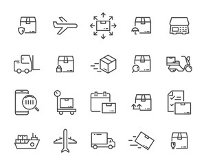 set of sending product icons , such as delivery, mail, service, shipping, transport, box and more