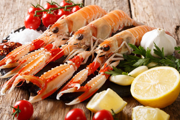 beautiful set of fresh raw langoustine, scampi with seasonal vegetables and herbs closeup on a table. horizontal