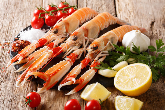 Food background fresh raw langoustine, scampi with vegetables, herbs and spices close-up. horizontal