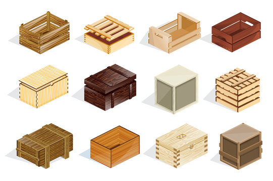Set wooden boxes, boxes, packages, open and closed with covers.