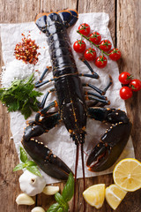 Seafood raw food: lobster with vegetables, herbs and spices close-up. Vertical top view
