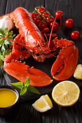 Served whole red lobster close-up with lemon, fresh tomatoes and herbs on a black table. vertical