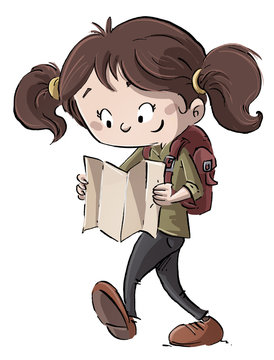 ni&ntilde;a exploradora caminando con mapa