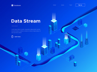 3d vector isometric illustration of big data analytics and technologies. Abstract city and flow of information. Creative landing page design template