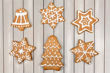 Gingerbread cookies on white background. Snowflake, star