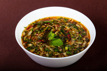 Okroshka soup with kvas