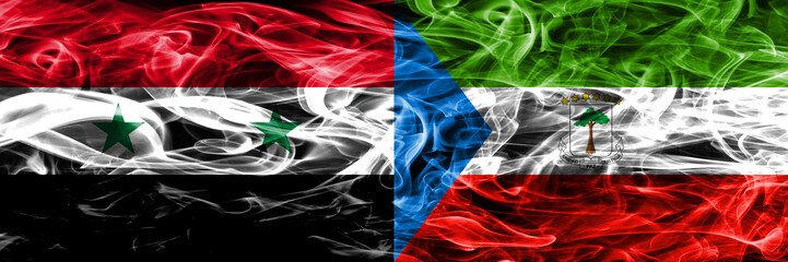 Syria vs Equatorial Guinea smoke flags placed side by side. Thick colored silky smoke flags of Syrian and Equatorial Guinea