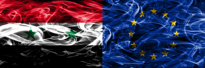 Syria vs European Union smoke flags placed side by side. Thick colored silky smoke flags of Syrian and European Union