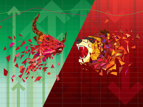 Bullish and Bearish symbols on stock market vector illustration. vector Forex or commodity charts, on abstract background. The symbol of the the bull and bear