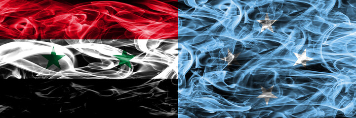Syria vs Micronesia smoke flags placed side by side. Thick colored silky smoke flags of Syrian and Micronesia