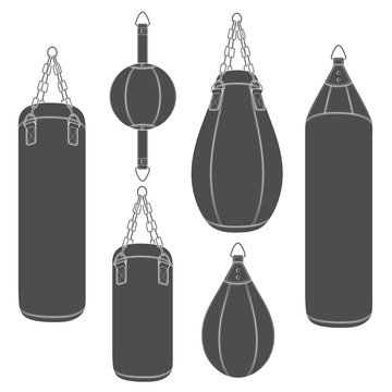 Set of black and white illustrations with punching bag, boxing pears. Isolated vector objects on white background.