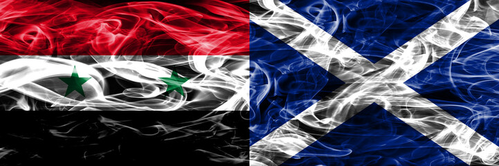 Syria vs Scotland smoke flags placed side by side. Thick colored silky smoke flags of Syrian and Scotland