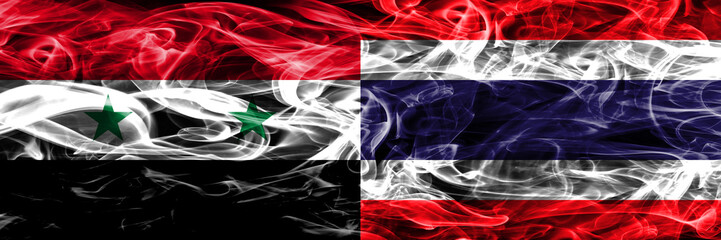 Syria vs Thailand smoke flags placed side by side. Thick colored silky smoke flags of Syrian and Thailand