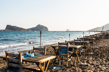 Food zone on the coast. Before sunset