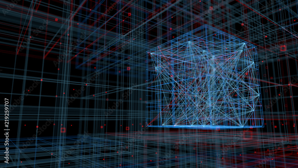 Poster 3d render digital lines. complex technology illustration. net and web square structures with strong 