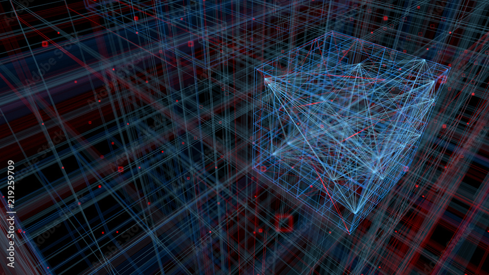 Poster 3d render digital lines. complex technology illustration. net and web square structures with strong 