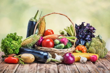On a rustic wooden table on a green garden background, in a basket and next to it lie vegetables. © karp5