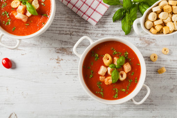 Traditional tomato soup, served with croutons.