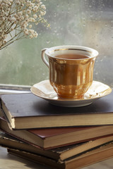 A cup of tea on book, in front of rainy window, autumn mood