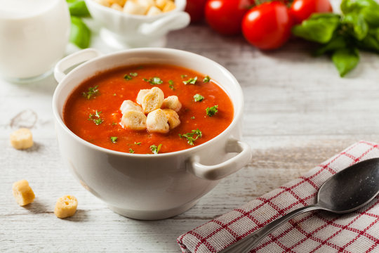Traditional tomato soup, served with croutons.