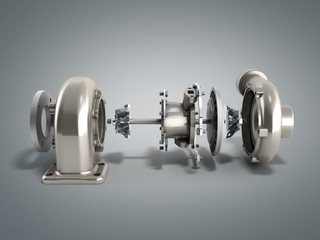 Automotive turbocharger turbine 3d render on grey © nosorogua