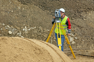Topographical survey of the terrain by a surveyor