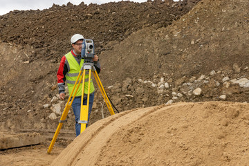 Topographical survey of the terrain by a surveyor