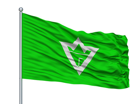 Iwanuma City Flag On Flagpole, Country Japan, Miyagi Prefecture, Isolated On White Background