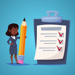 African American Business Woman with Giant check list of things to be checked, items required, things to be done, office schedule reminder. Vector business concept flat style cartoon illustration