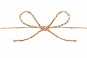 Natural brown jute twine hemp rope, tie a knot / bow in the middle of the cord. Isolated on white background. - Powered by Adobe